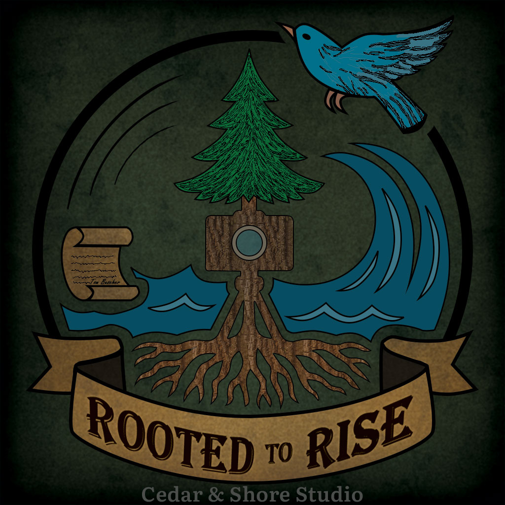 graphic design mission patch that features a blue bird flying over the waves and cedar tree that has deep roots and a camera in the trunk. there is also a scroll to the left and a banner underneath that says rooted to rise